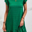 Dark Green Textured Flutter Sleeve Ruffled Mini Dress