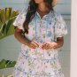 Pink Floral Striped Print Contrast Trim Tie Split Neck Mini Dress