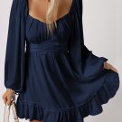 Blue White Plain Ruffled High Waist Square Neck Mini Dress
