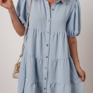 Beau Blue Shirt Collar Button Up Short Puff Sleeve Tiered Shift Dress