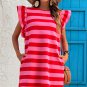 Red Stripe Flutter Sleeve Round Neck Shift Dress