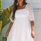 White Floral Lace Puff Sleeve Empire Waist Mini Dress