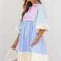 Multicolour Striped Patchwork Ric Rac Puff Sleeve Collared Mini Dress