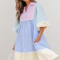 Multicolour Striped Patchwork Ric Rac Puff Sleeve Collared Mini Dress