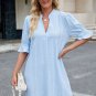 Beau Blue Jacquard Texture Flared Short Sleeve Notched Neck Mini Dress