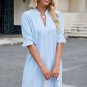 Beau Blue Jacquard Texture Flared Short Sleeve Notched Neck Mini Dress