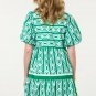 Bright Green Abstract Patterned V Neck Puff Short Sleeve Mini Dress