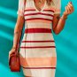 Apricot Striped Ribbed Knit V Neck Bodycon Mini Dress