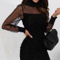 Black Dotted Mesh Striped Frilled Neck Bubble Sleeve Dress