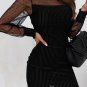 Black Dotted Mesh Striped Frilled Neck Bubble Sleeve Dress