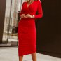 Fiery Red Long Sleeves Wrap V Neck Ruched Sheath Bodycon Dress