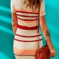 Apricot Striped Ribbed Knit V Neck Bodycon Mini Dress