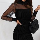 Black Dotted Mesh Striped Frilled Neck Bubble Sleeve Dress