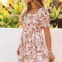 White Floral Print Bow Knot Backless Square Neck Mini Dress