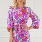 Purple Floral Keyhole Back Long Sleeve Belted Dress