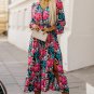 Red V Neck Elastic High Waist Split Floral Dress