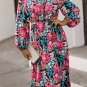 Red V Neck Elastic High Waist Split Floral Dress