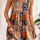 Orange Retro Floral Patchwork Print Sleeveless Mini Dress