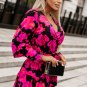 Rose Floral Print V Neck Wrap Bishop Sleeve Ruffle Tiered Mini Dress