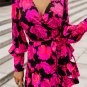 Rose Floral Print V Neck Wrap Bishop Sleeve Ruffle Tiered Mini Dress