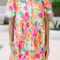 Pink Floral Puff Sleeve Collar Buttoned Babydoll Dress