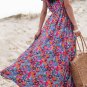 Blue Floral Print V Neck Wrap Split Maxi Dress