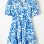 Sky Blue Retro Floral Print Drawstring Waist Ruffled Mini Dress
