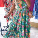 Green Floral Print Sleeveless Ruffle Tiered Maxi Dress