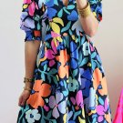 Blue Collared Split Neck Floral Flared Dress