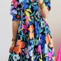 Blue Collared Split Neck Floral Flared Dress