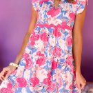 Pink Floral Printed V Notched Ric Rac Flutter Sleeve Dress