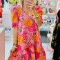 Pink Floral Bubble Sleeve V Neck Ruffled Mini Dress