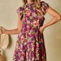 Green Floral Print Ruched Flutter Sleeve Frilled Neck Mini Dress