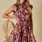 Green Floral Print Ruched Flutter Sleeve Frilled Neck Mini Dress