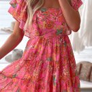 Pink Floral Square Neck Ruffle Sleeve Tiered Dress