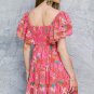 Pink Floral Square Neck Ruffle Sleeve Tiered Dress