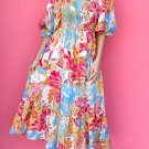 Rose Red Tropical Print Smocked Bodice Puff Sleeve Maxi Dress
