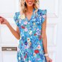 Sky Blue Floral Flutter Sleeve V Neck Ruffled Dress