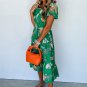 Green Floral Print Bubble Sleeve Smocked Tiered Midi Dress