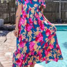 Dark Blue Square Neck Bubble Sleeve Ruffled Floral Dress
