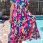 Dark Blue Square Neck Bubble Sleeve Ruffled Floral Dress