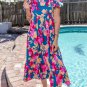 Dark Blue Square Neck Bubble Sleeve Ruffled Floral Dress