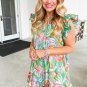 Green Abstract Floral Ruffle Trim Flutter Sleeve Buttoned Dress