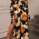 Orange Floral Print Tie Neck Long Sleeve Dress