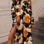 Orange Floral Print Tie Neck Long Sleeve Dress