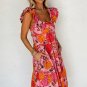 Pink Floral Square Neck Ruffled Flutter Sleeve Tiered Midi Dress