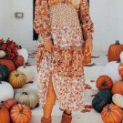 Khaki Floral Print Ruffled Tiered Long Sleeve V Neck Midi Dress