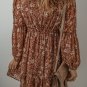 Brown Boho Floral Ruffled Puff Sleeve V Neck Mini Dress