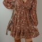 Brown Boho Floral Ruffled Puff Sleeve V Neck Mini Dress