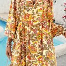 Yellow Cream Floral Print V Neck Puff Sleeve Mini Dress
